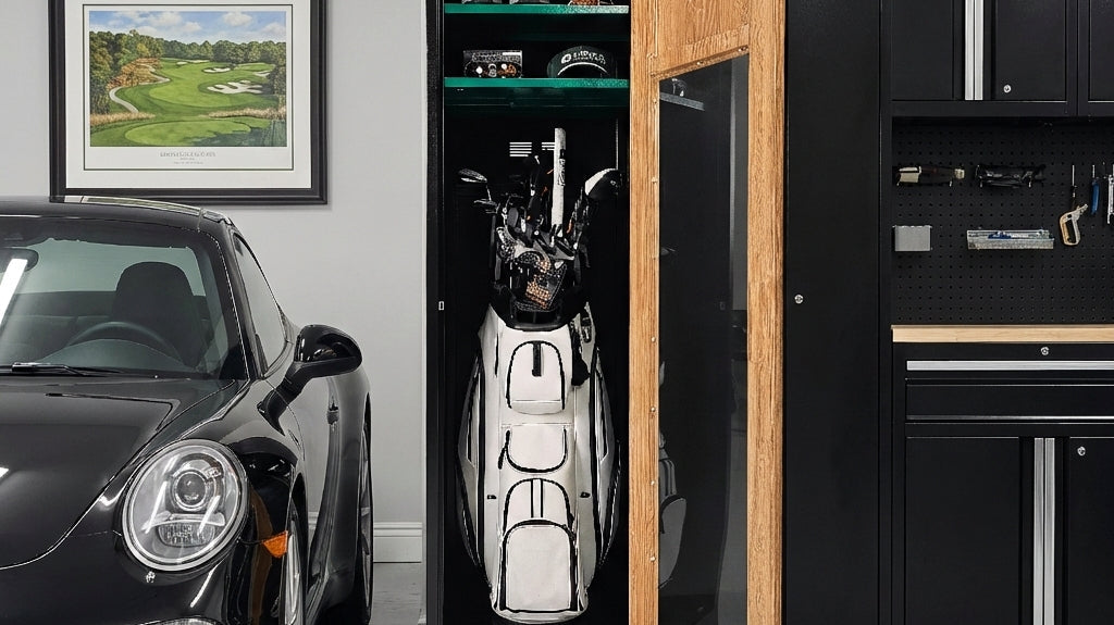 Home garage with black golf locker next to black car.