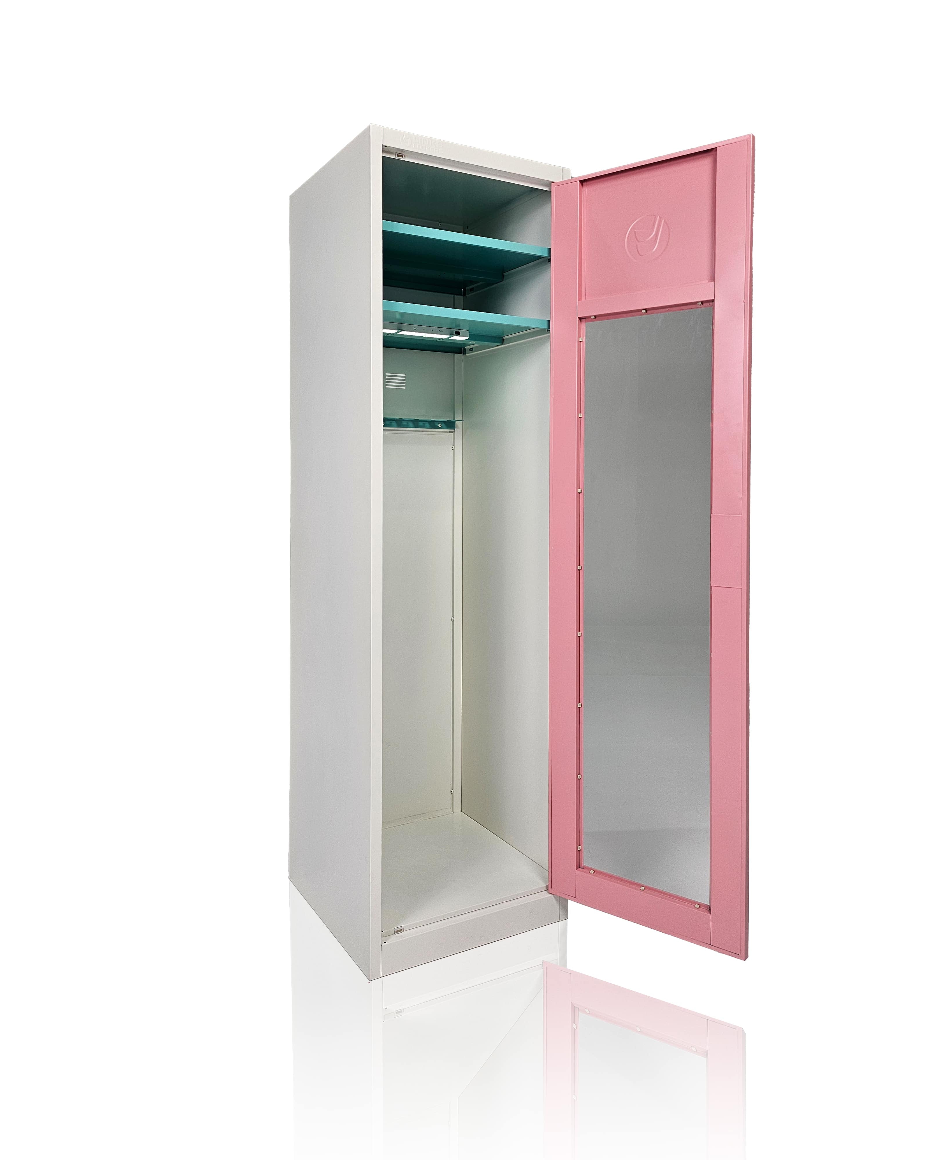 pink home golf storage locker showing space for all types of golf bags and storage shelves.