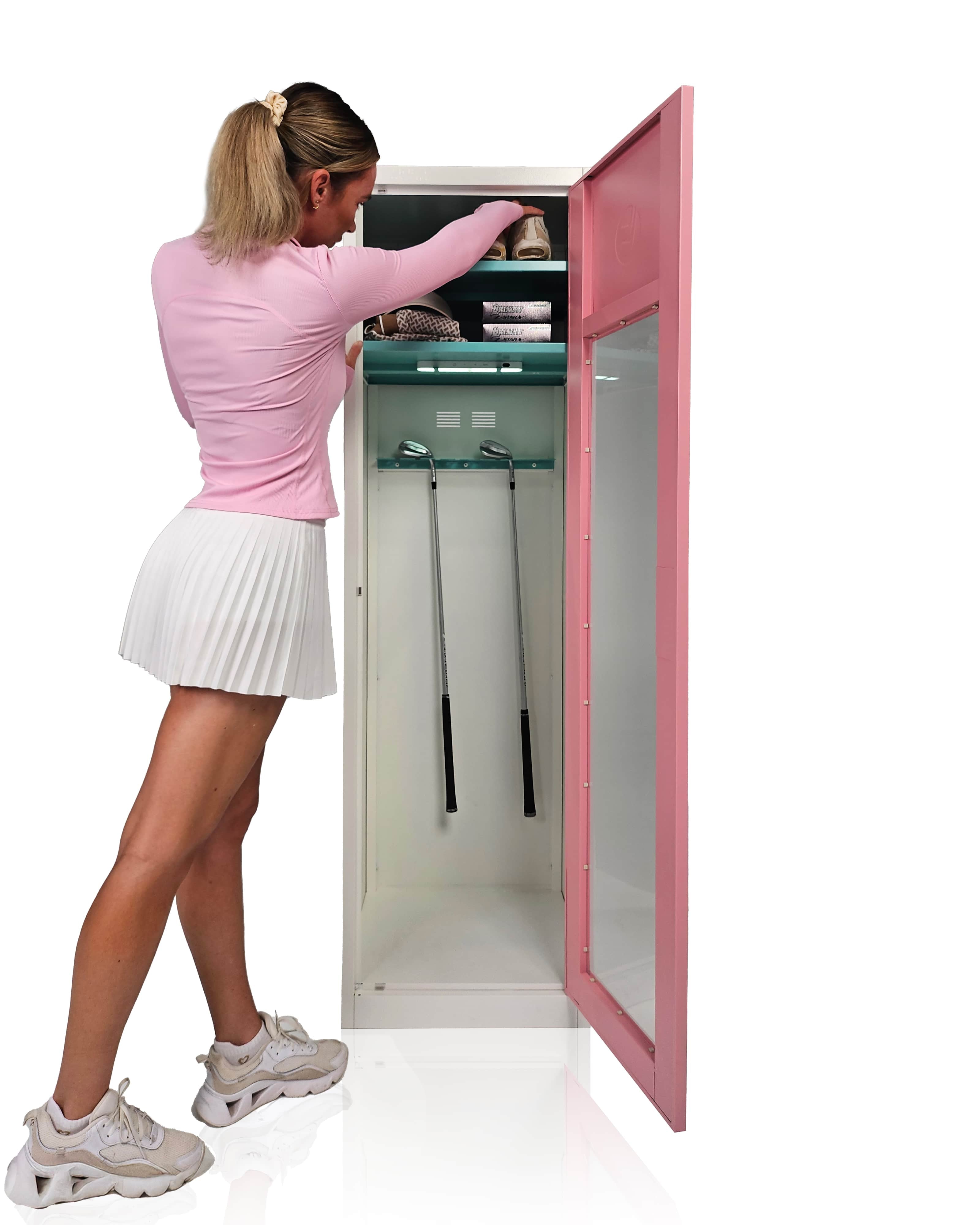 Pink women's at home golf storage rack, featuring spare club storage, sensor light and golf gear storage.