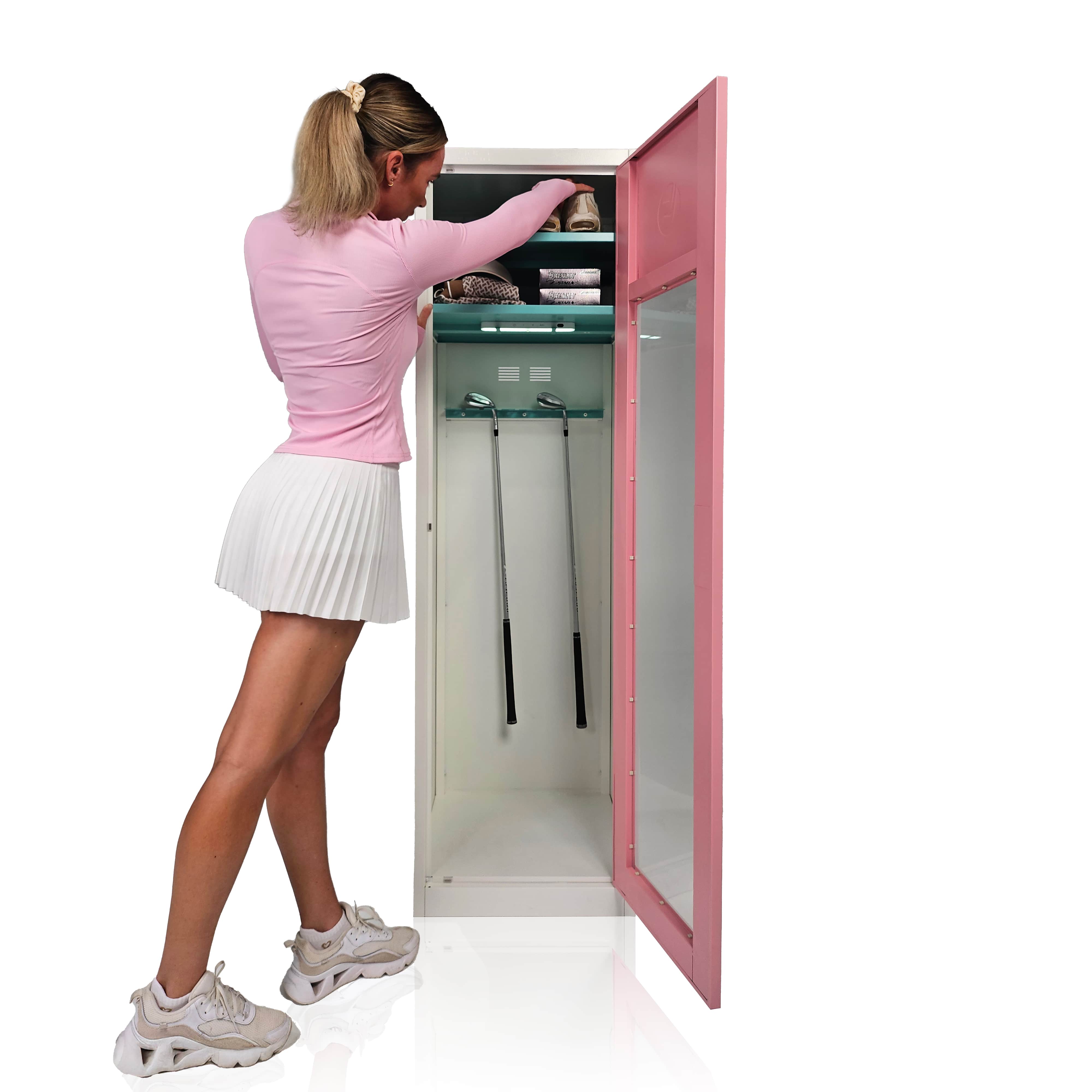 Pink women's at home golf storage rack, featuring spare club storage, sensor light and golf gear storage.