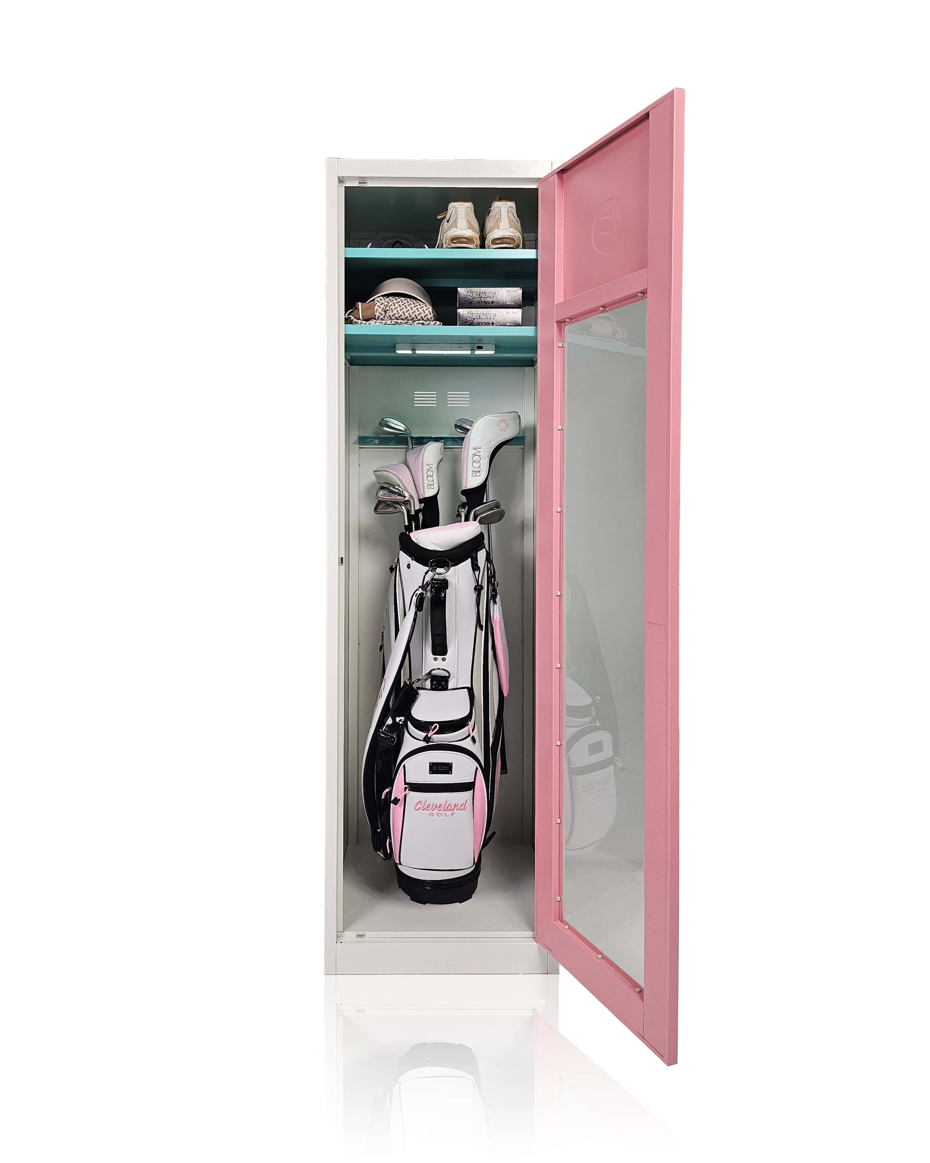 A pink golf club storage locker with a clear acrylic window, showing a golf bag and organized compartments inside.