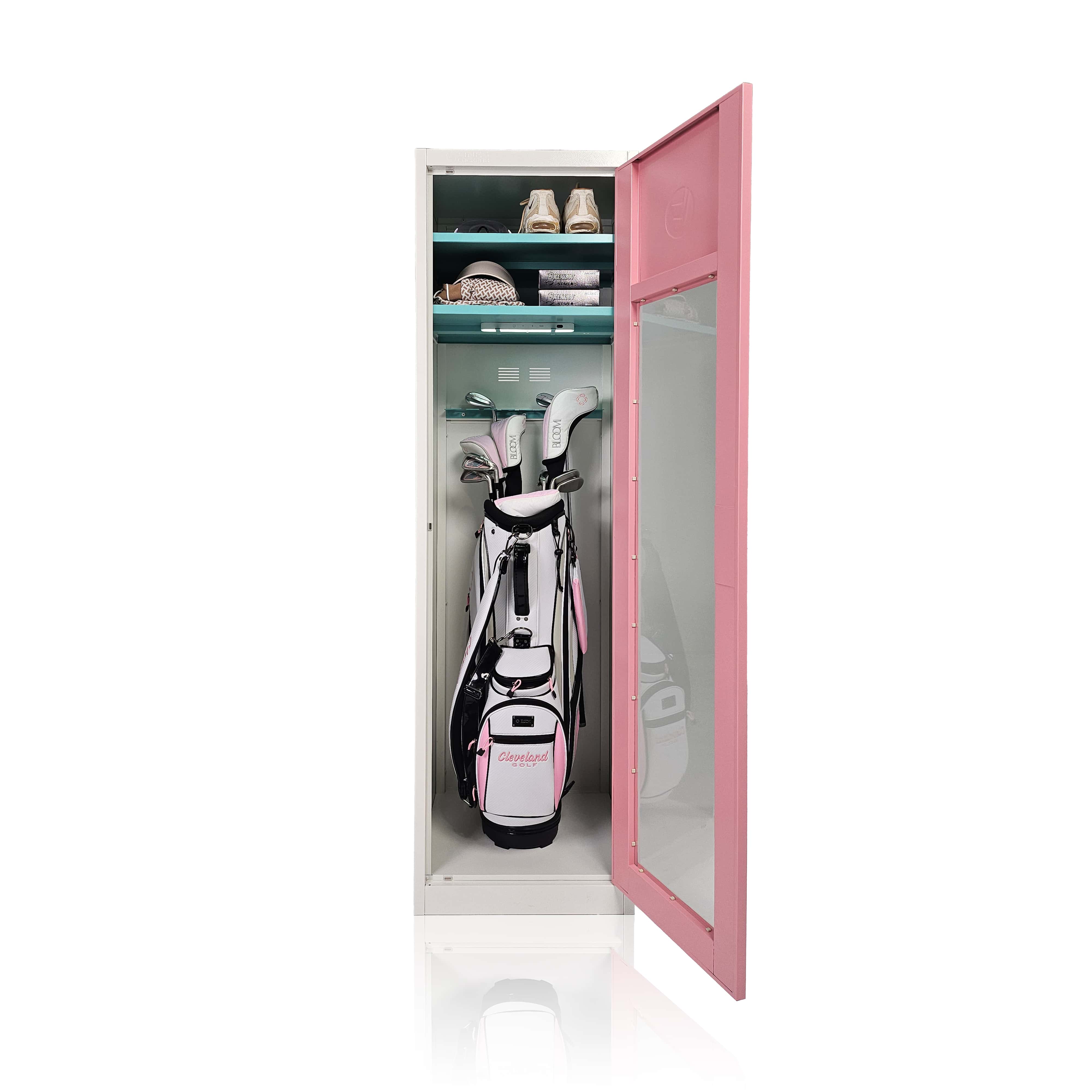 A pink golf club storage locker with a clear acrylic window, showing a golf bag and organized compartments inside.