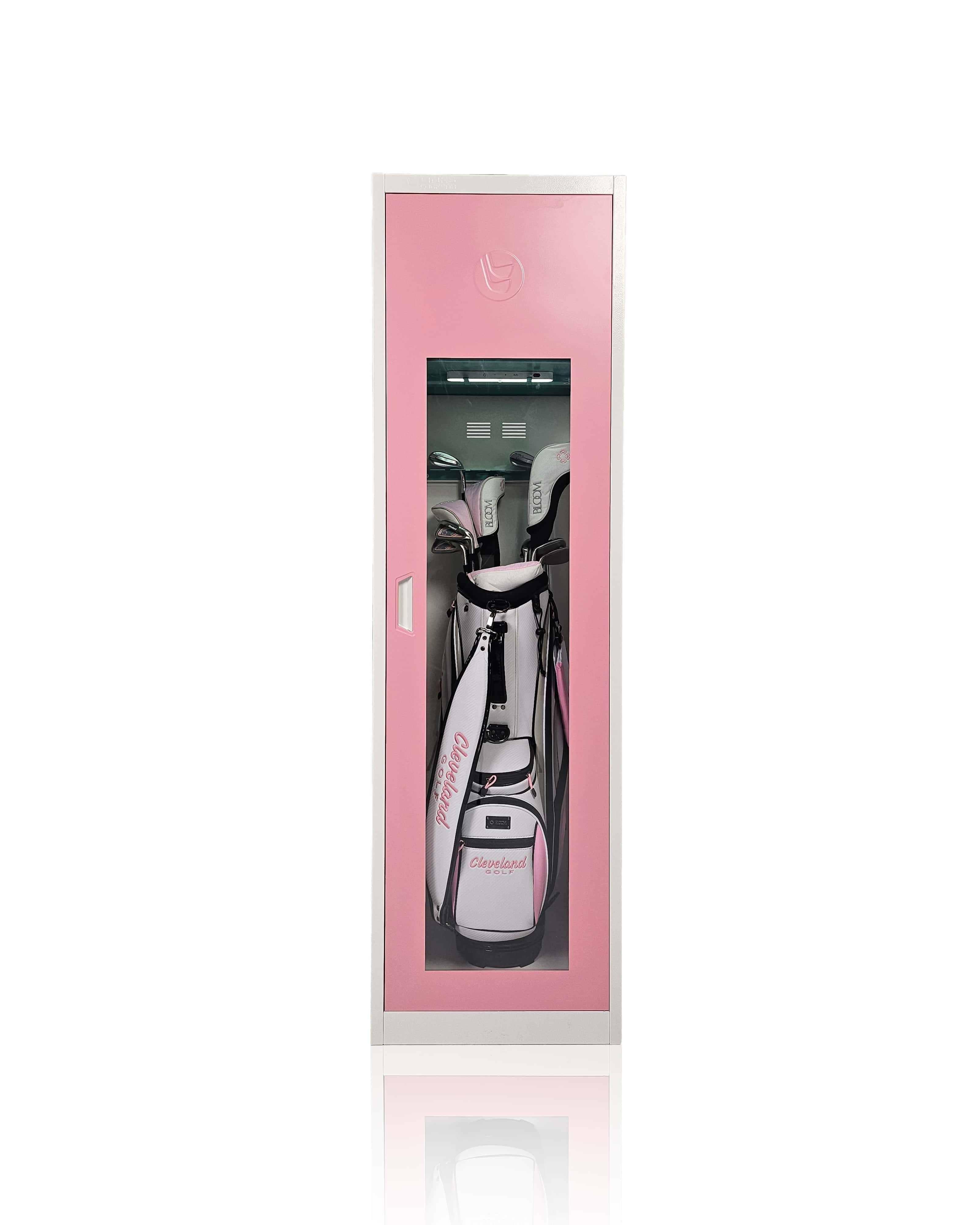 A pink golf locker with a clear acrylic window, showcasing interior club racks and shelves, designed for organizing golf equipment.