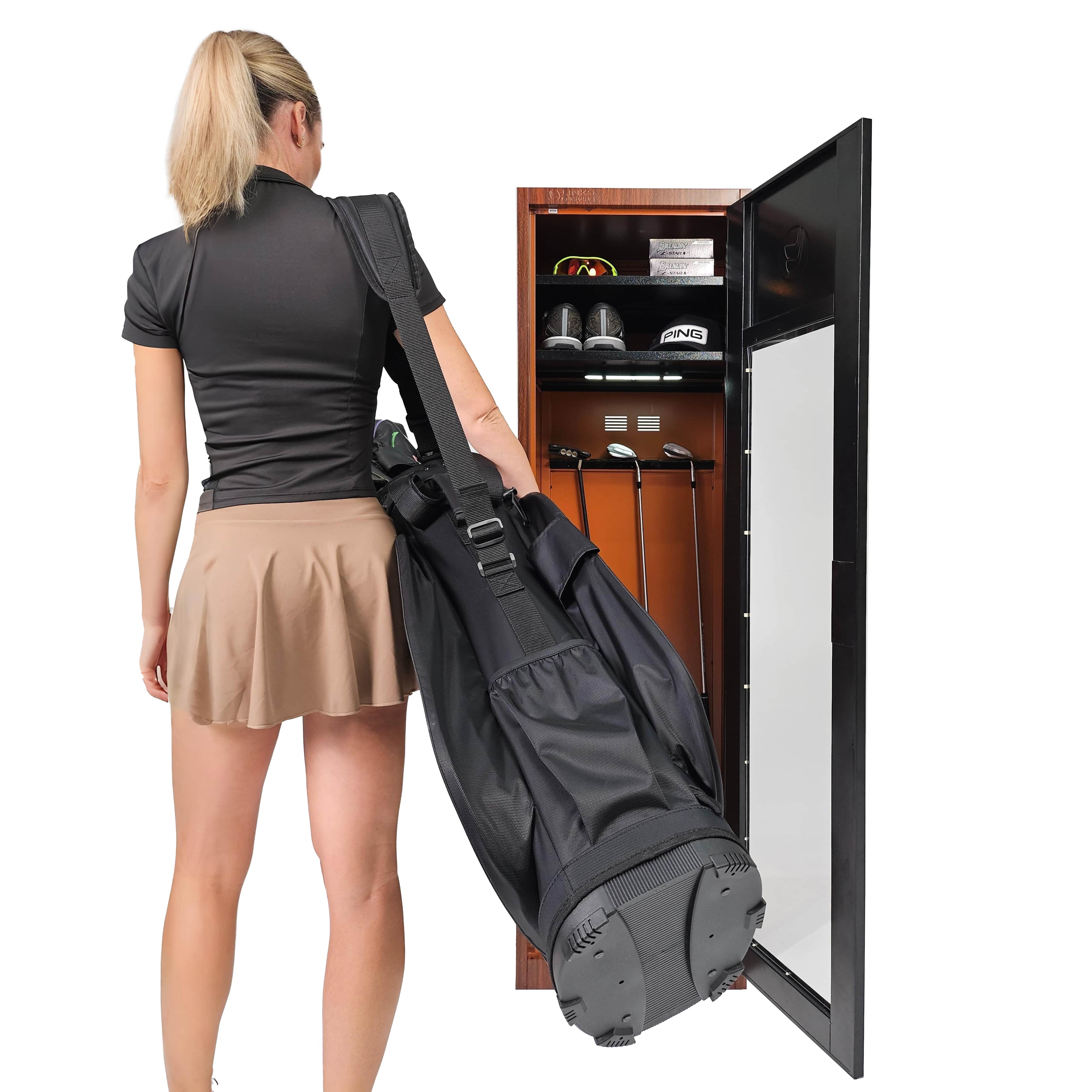 Home golf storage locker, wooden look, fits all types of golf bags and gear.