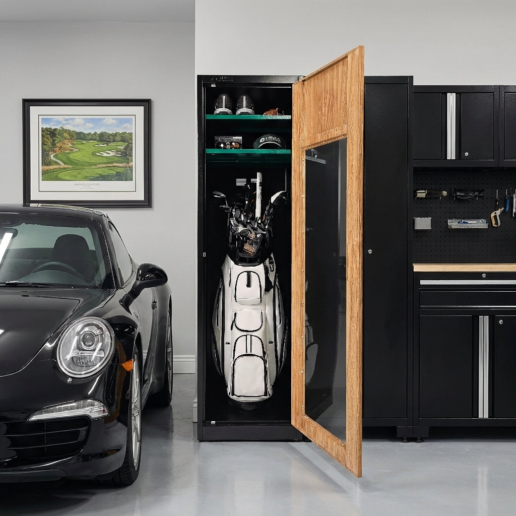Home garage with black golf locker next to black car. 
