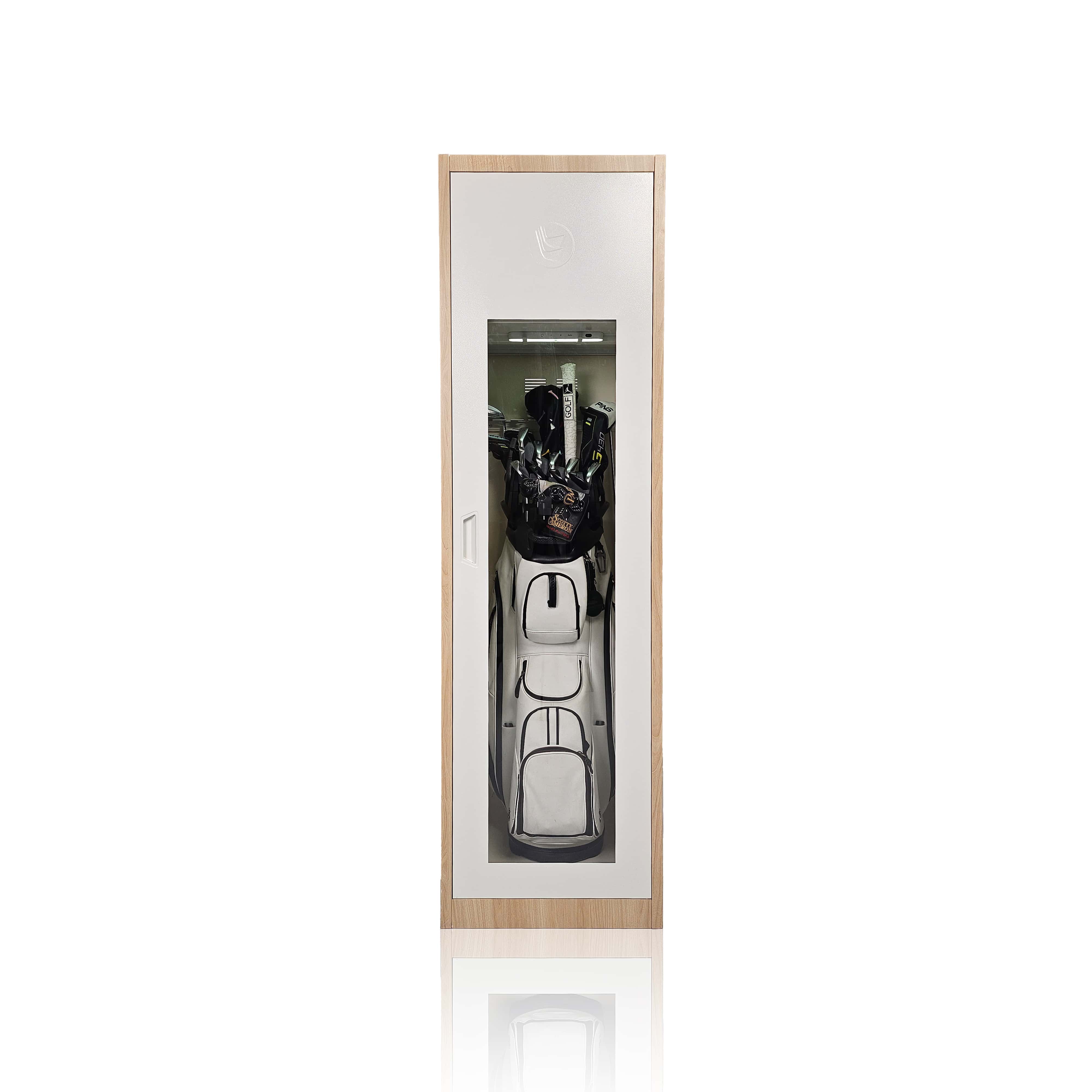Fairway Oak golf club storage locker with a clear acrylic window, featuring internal shelves and a rechargeable sensor light.