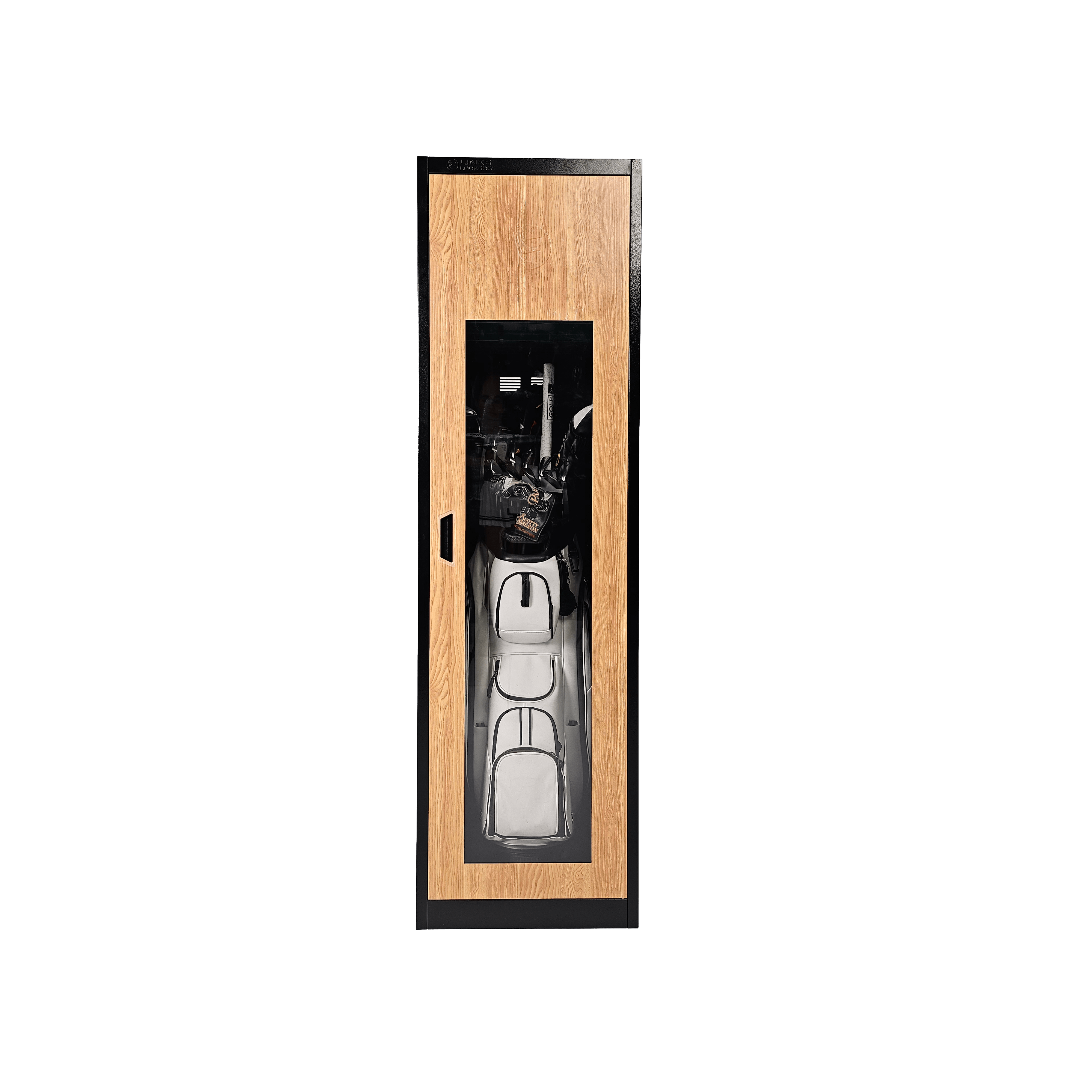 A black golf club storage locker with a clear acrylic window, featuring internal shelves and a sensor light by Links Lockers