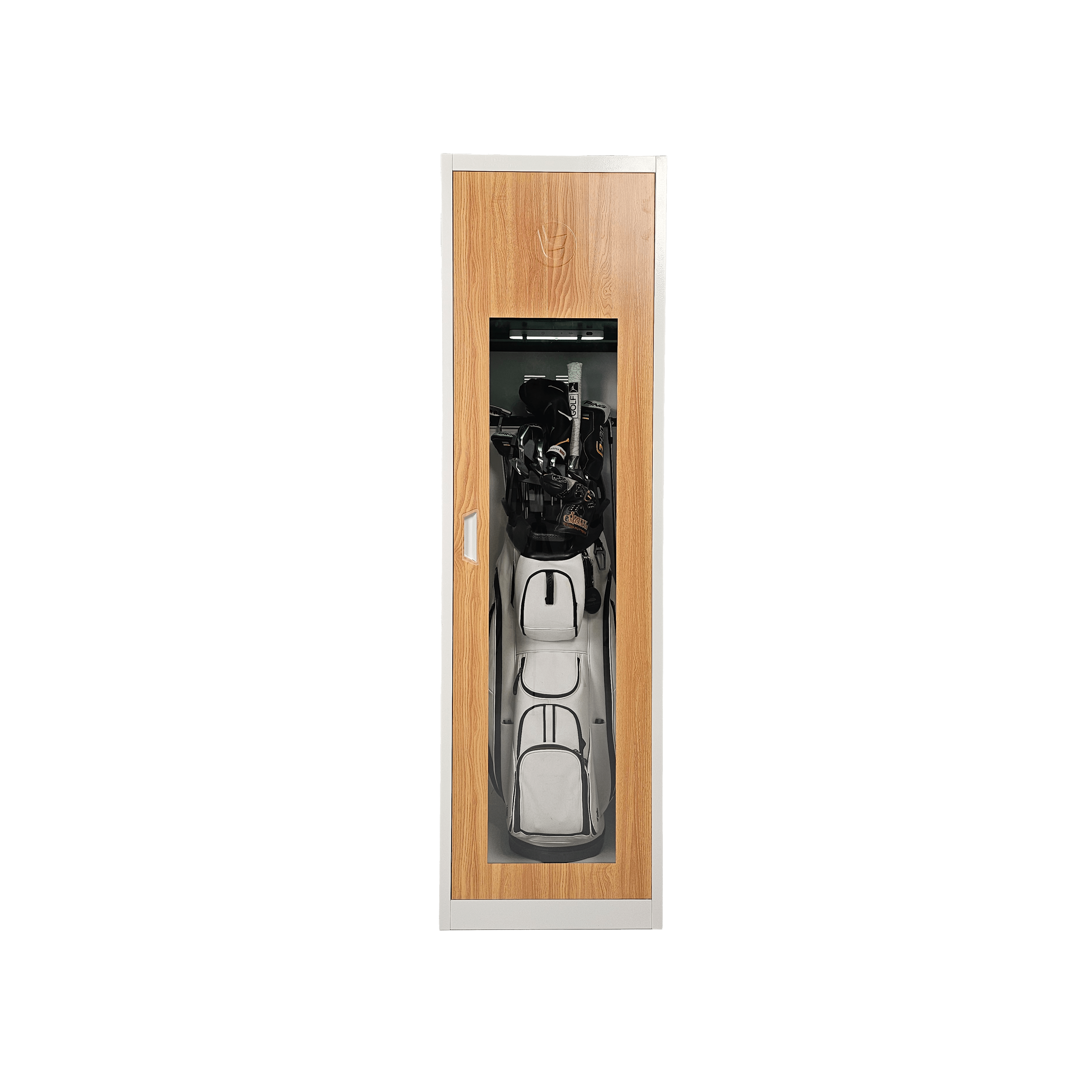 Golf club storage unit with a clear acrylic window, showing the interior organization with clubs and shelves.