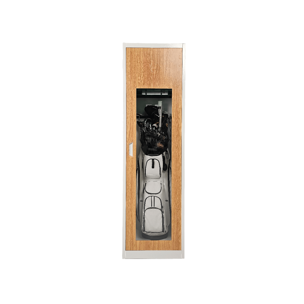 Golf club storage unit with a clear acrylic window, showing the interior organization with clubs and shelves.