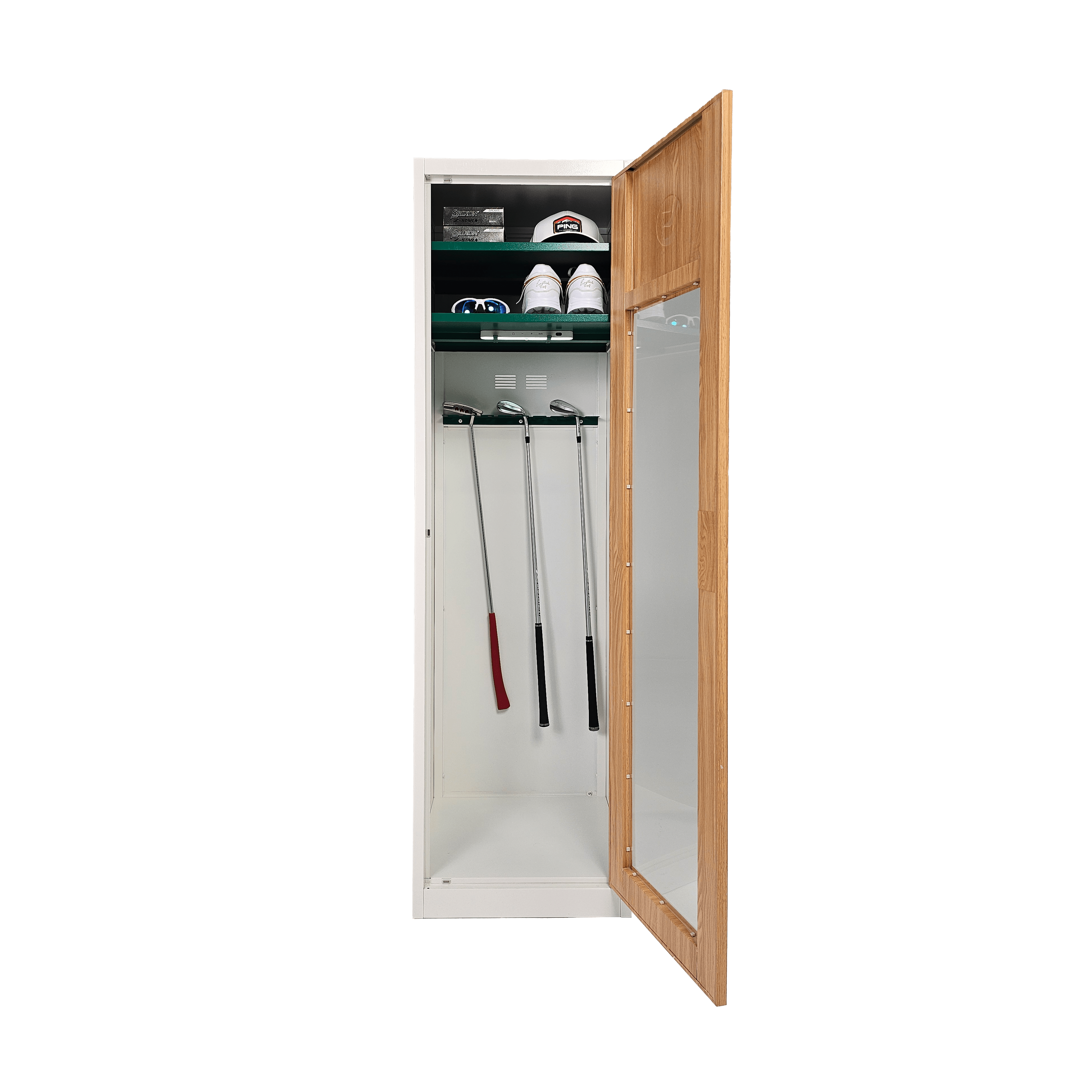 Links Lockers golf gear home storage showing spare golf club rack, sensor light and accessories shelves.