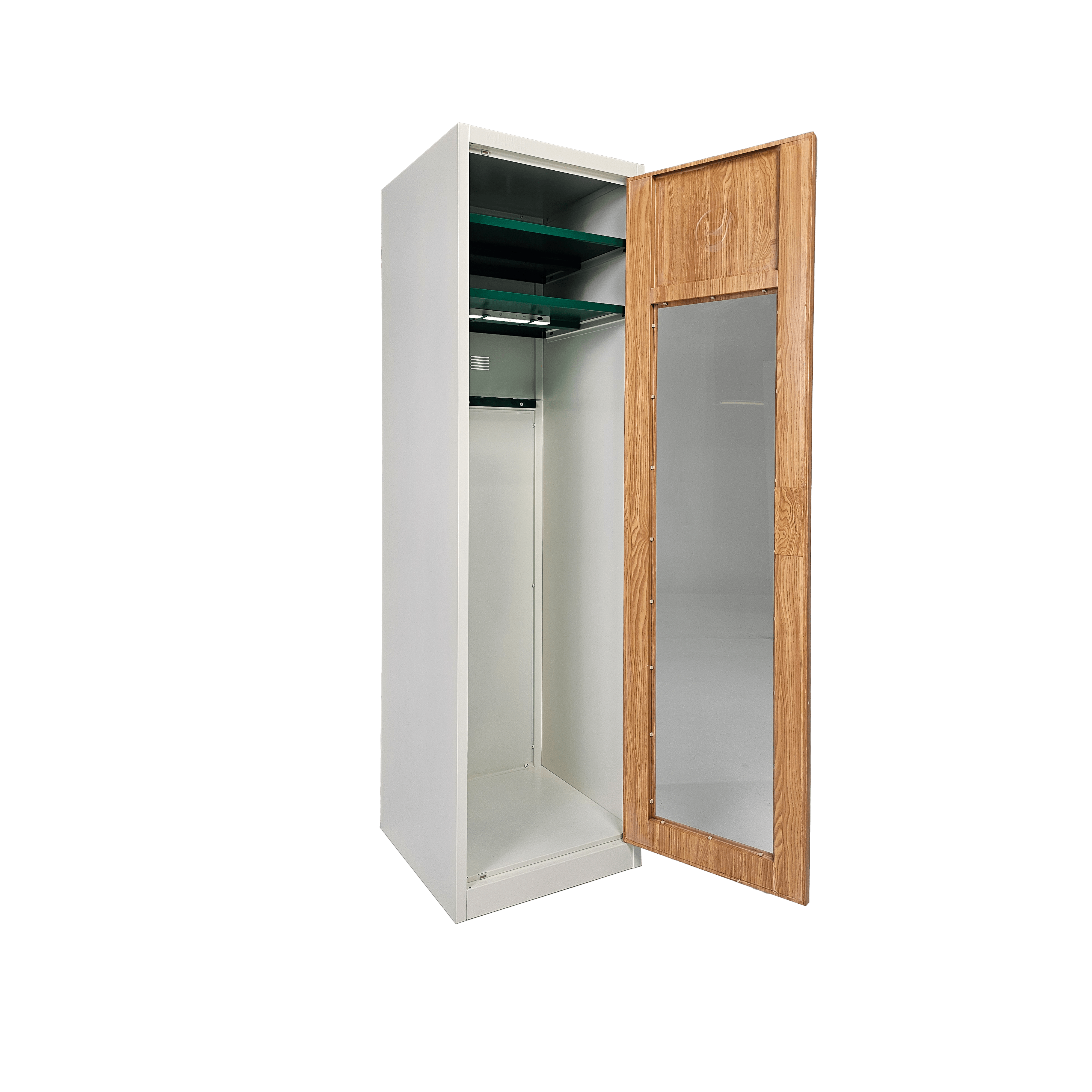 Open door on white and wood home golf storage locker by links lockers, showing space for all your golf gear.