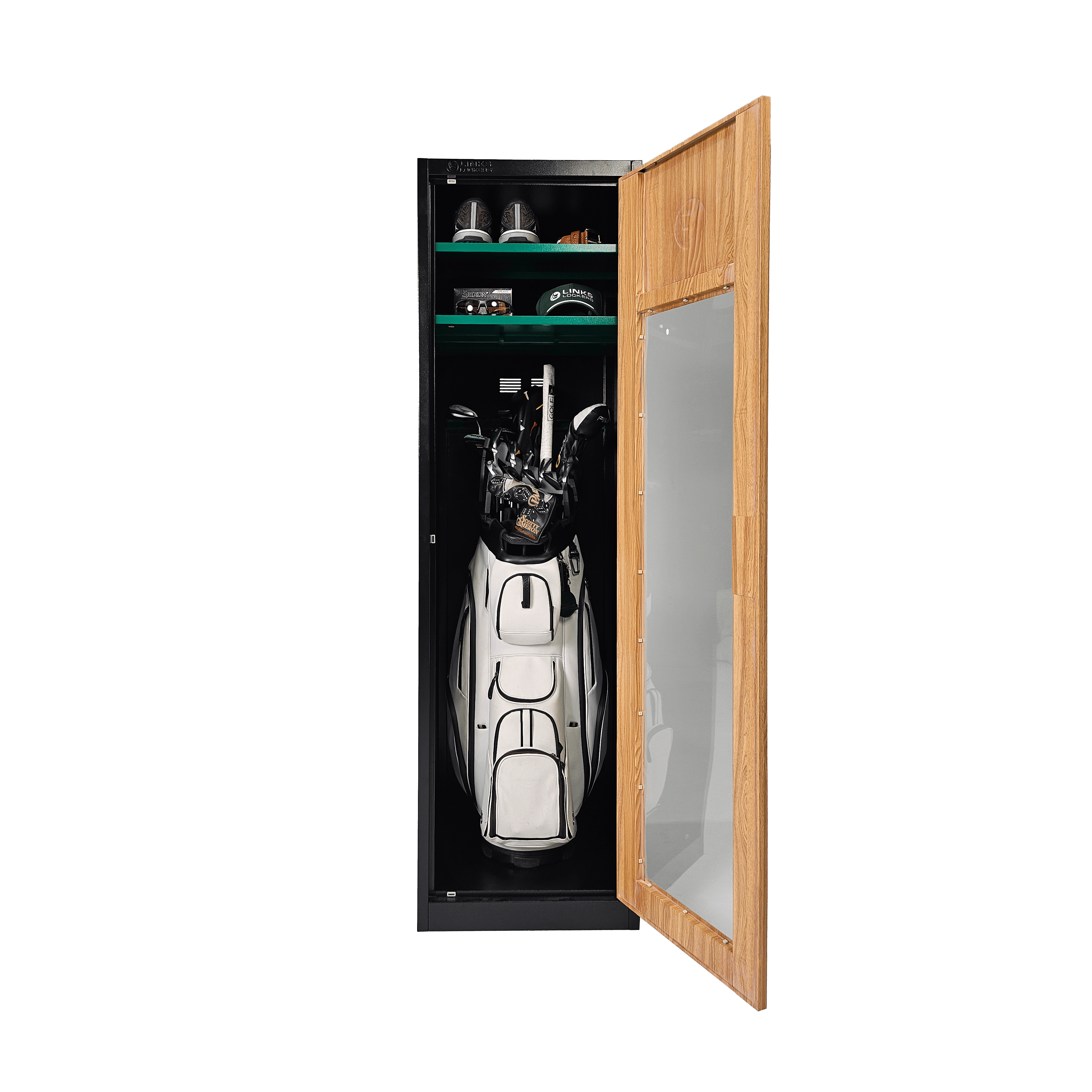 Black home golf gear storage showing plenty of room for golf bag and accessories by Links Lockers.