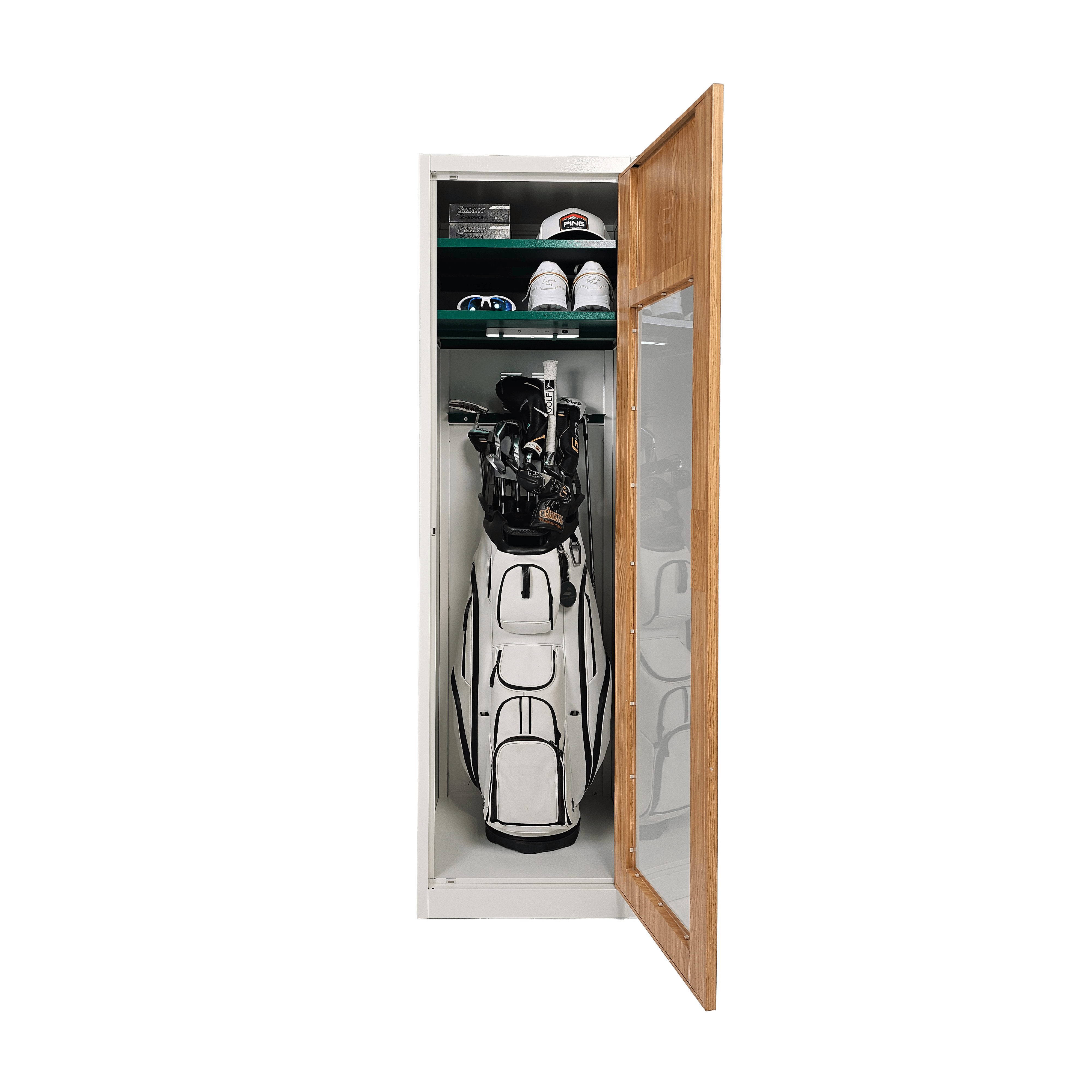 Golf Club storage locker showing space for all golf bag types and additional golf accessory storage.