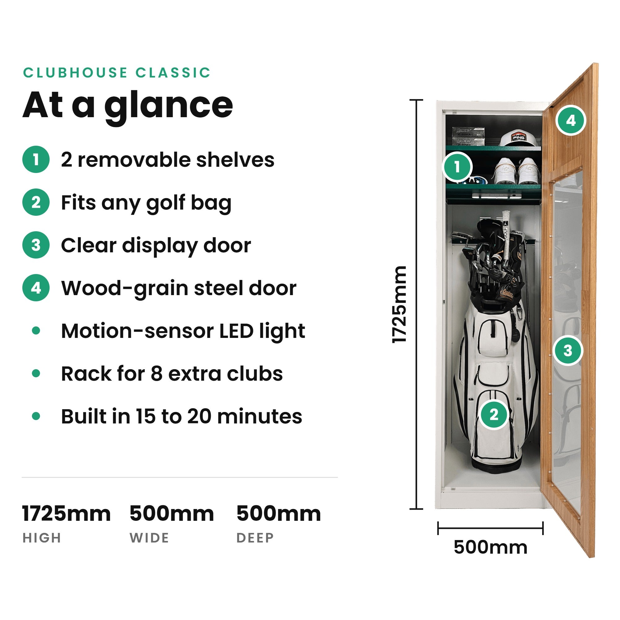 Clubhouse Classic White golf locker specifications: 1725mm high, 500mm wide, 500mm deep, with two removable shelves, clear display door, LED light and rack for 8 extra clubs